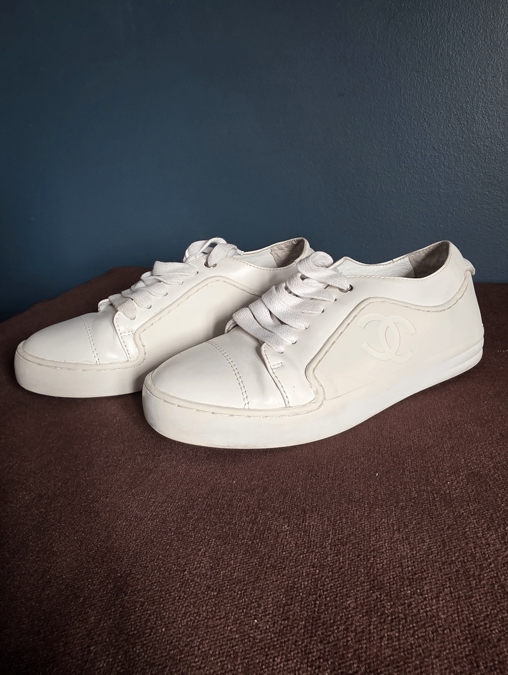 Chanel White Leather Low-Top Sneakers